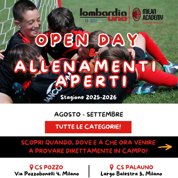 Scuola calcio di Milano e Centro Tecnico Milan open day gratuiti a giugno e luglio 2025 presso il CS Palauno oppure presso il CS Pozzo. Nell'immagine dei ragazzi festeggiano dopo un goal! Inoltre presente il testo/locandina che spiega come funziona. Stesso testo che si trova in questa pagina del sito web.