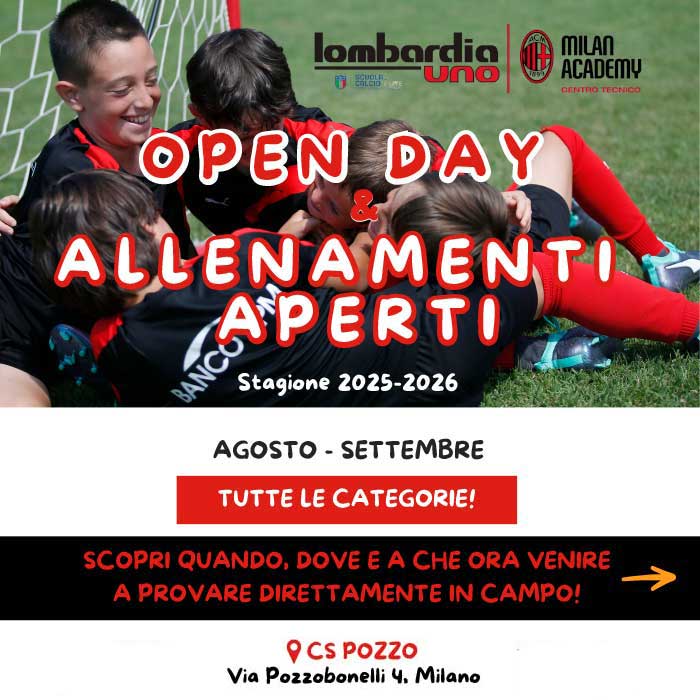 Scuola calcio di Milano e Centro Tecnico Milan open day gratuiti a giugno e luglio 2025 presso il CS Palauno oppure presso il CS Pozzo. Nell'immagine dei ragazzi festeggiano dopo un goal! Inoltre presente il testo/locandina che spiega come funziona. Stesso testo che si trova in questa pagina del sito web.
