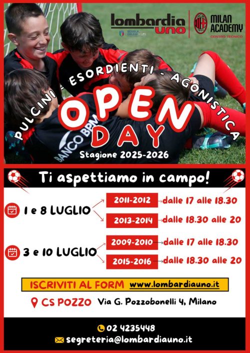 Scuola calcio di Milano e Centro Tecnico Milan open day gratuiti a giugno e luglio 2025 presso il CS Pozzo. Nell'immagine dei ragazzi festeggiano dopo un goal! Inoltre presente il testo/locandina che spiega come funziona. Stesso testo che si trova in questa pagina del sito web.